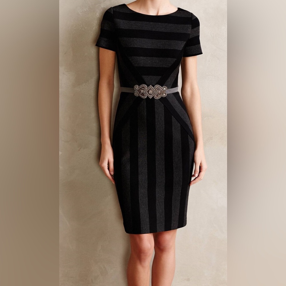 Anthropologie Maeve Black Striped Pencil Midi Dress Size 6
